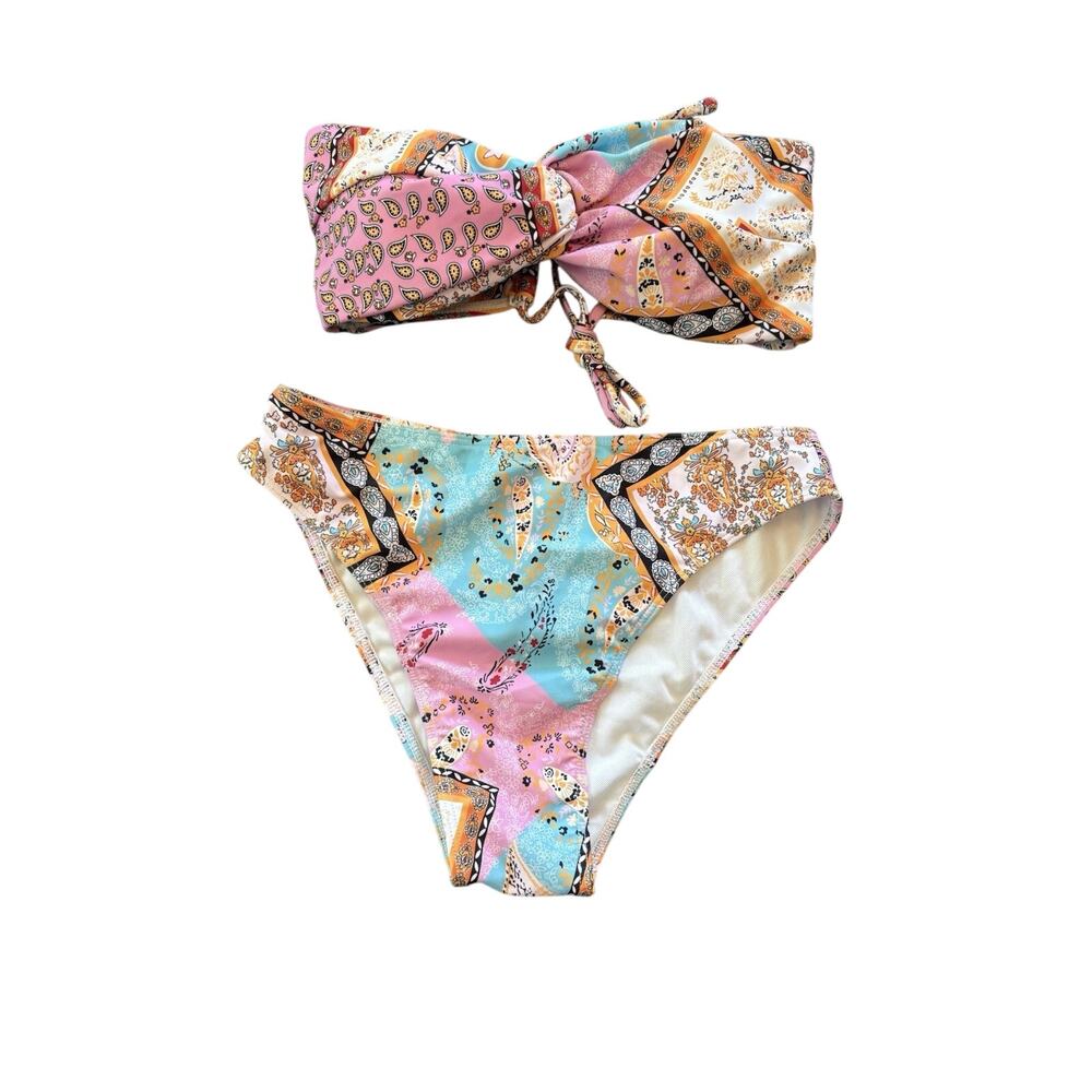 Zaful Small (4) Paisley Print Bandeau High Waisted Bathing Suit Twist Top Bikini